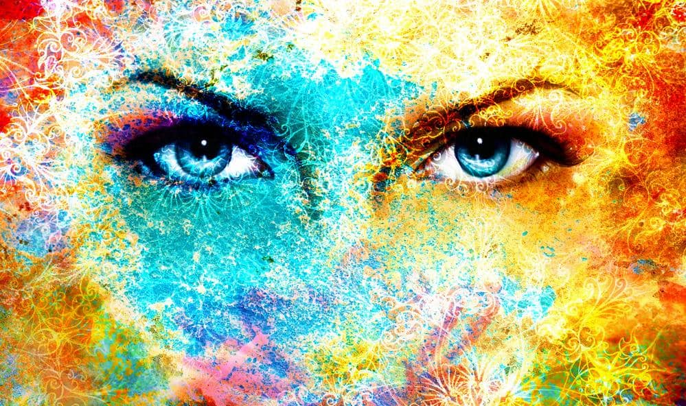 Blue Goddess Women Eye Multicolor Background With Oriental Mandala Ornament Eye Contact